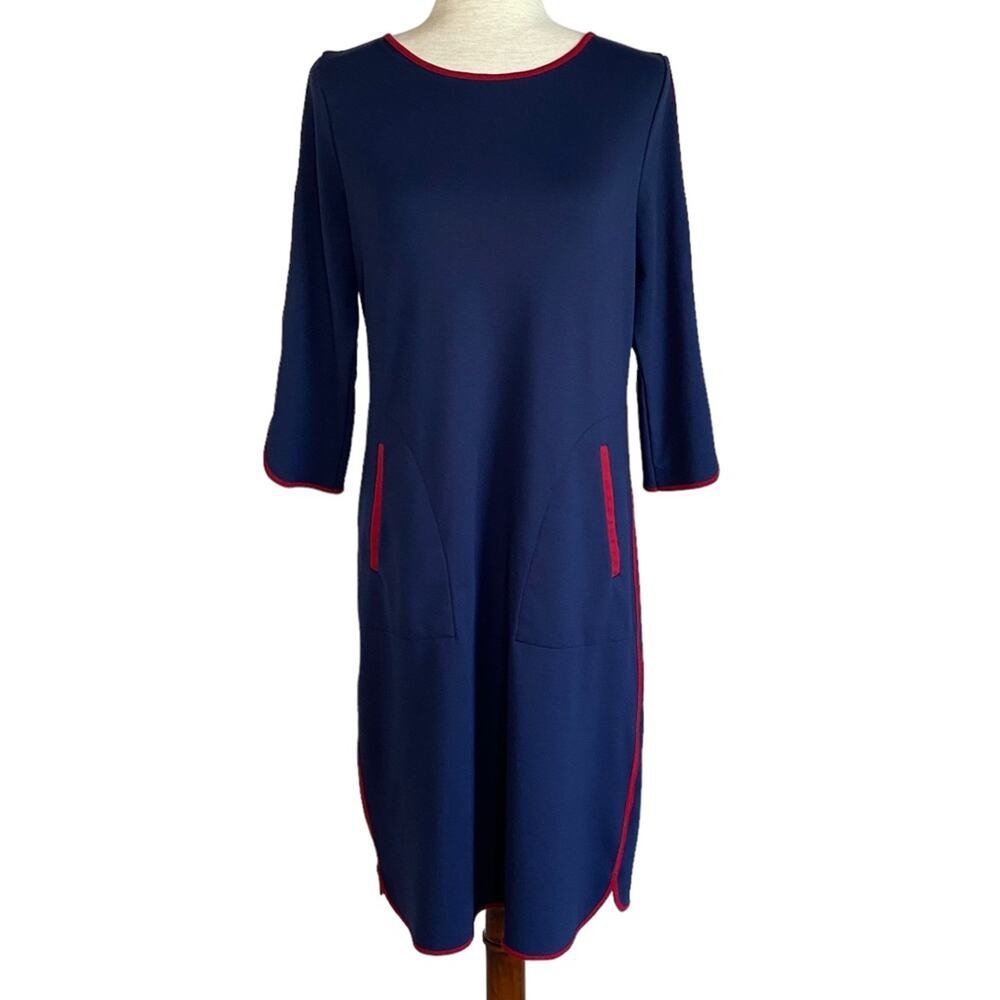 APPLESEED'S Navy Blue Jersey Knit Dress Size Small Red Piping Stretch Pocketed